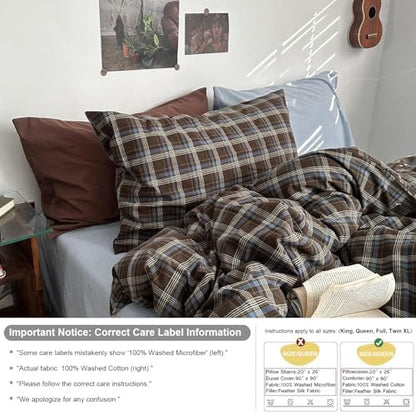 mixinni Vintage Blue & Brown Buffalo Plaid Comforter Set King Size - 3-Piece Washed Cotton Soft Geometric Checkered Pattern Bedding Set for All-Seasons Lightweight & Breathable-King Size