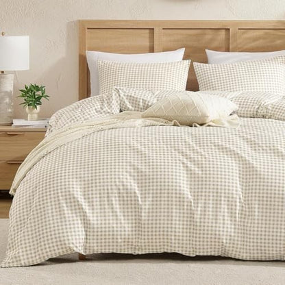 Andency Cream Gingham Duvet Cover Full, Beige Checkered Plaid Bedding Set