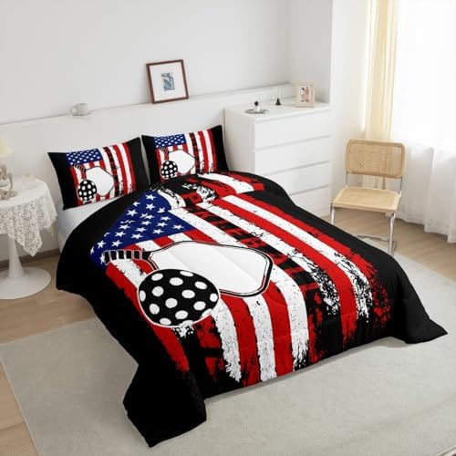 Feelyou Pickleball Bedding Set Boys Girls Toddler Size American Flag Comforter Set for Kids Women Men Pick Racket Pattern Comforter Sports Game Duvet Set Pickleball Themed Gifts Quilt Set