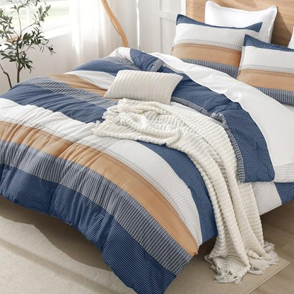 Litanika Blue Orange King Size Comforter Set - 3 Pieces Stripe Bed Set
