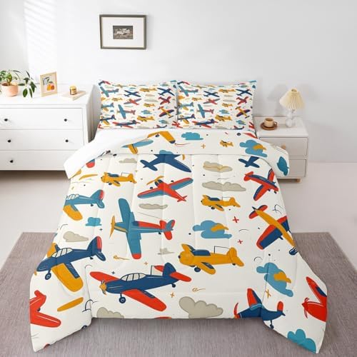 Manfei Airplane Kids Comforter Set King Size, Cartoon Aircraft Bedding Set for Boys Girls Room Decor, Flying Plane Print Down Comforter for All Season, Lightweight Duvet Insert, 2 Pillowcases