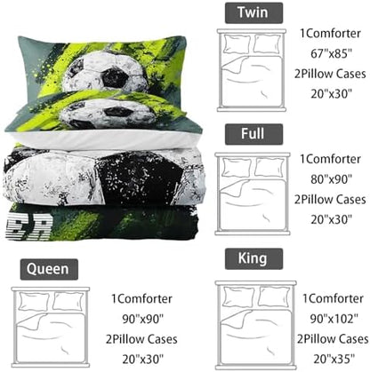 Nttopship Sports Soccer Comforter Set King Size,Green Soccer Ball Bedding Sets 3PCS for Kids Teen Adult Sports Room Decor Ultra-Soft Lightweight Microfiber 1 Comforter with 2 Pillowcases