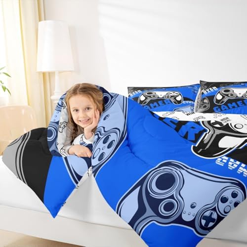 Erosebridal king Gamer Comforter Sets for Boys&Girls ,Gaming Boys 3 Pcs Bed in A Bag Video Game Bedding -All Season Microfiber Kids,with 2 Pillowcases 1 Blue Black
