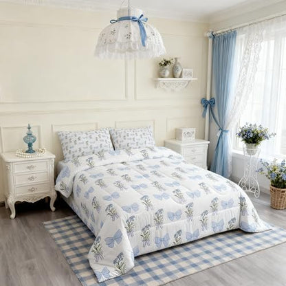 Castle Fairy Blue Bowknot Kids Comforter Set,Cute Blue Flowers Duvet Set for Room Decor,Retro Farmhouse Dreamy Girly Style Brushed Microfiber Soft Quilt Cover,Full Size 3 PCS