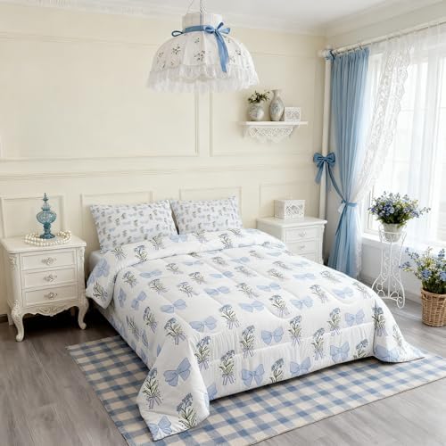 Castle Fairy Blue Bowknot Twin Size Comforter Set for All Seasons,Retro Farmhouse Dreamy Girly Style Bedding Set Teens Bedroom Decor,Cute Blue Flowers Comforter Inner Fill with 1 Pillowcase