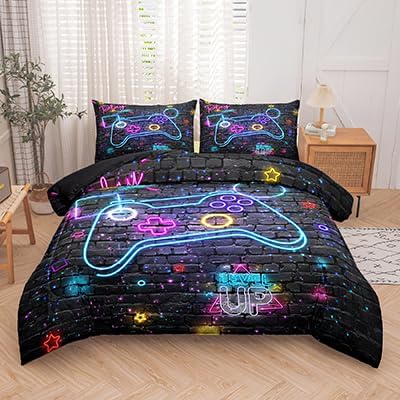 MWMWMW 5 Pcs Gaming Comforter Sets for Boys, Gamer Bedding Sets Twin for Kids, Twin Size Comforter Set for Boys Kids with 1 Comforter, 1 Flat Sheet, 1 Fitted Sheet and 2 Pillowcases