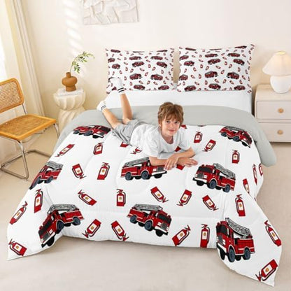 Feelyou Fire Truck Comforter Set Queen Size Firefighter Bedding Set for Kids Boys Girls Emergency Vehicles Duvet Quilt Bedroom Decor Microfiber 3 Pcs with 2 Pillow Cases