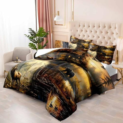 LUVIVIHOME 3PCS Black Bear Deer Cabin Comforter Set King Size, Elk Moose Mallard Duck Woodland Forest Animal Wildlife Hunting Camo Hunter Country Lodge Rustic Farmhouse Bedding Sets, 2 Pillow Cases