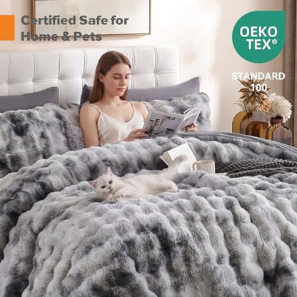 YIKUSH Queen Faux Fur Soft Comforter Set, Fluffy Rabbit FurBedding Set