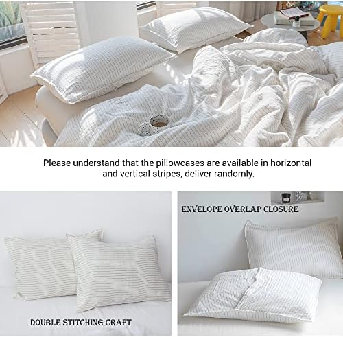 Simple&Opulence 100% Linen Striped Duvet Cover Queen 3pcs, Yarn Dyed Vertical Pinstripe Ticking Pattern Natural French Washed Flax Breathable Farmhouse Bedding - Grey Stripe