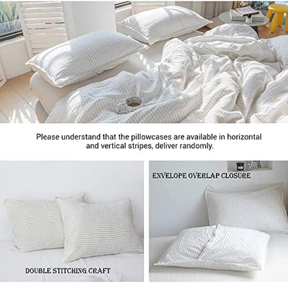 Simple&Opulence 100% Linen Striped Duvet Cover Queen 3pcs, Yarn Dyed Vertical Pinstripe Ticking Pattern Natural French Washed Flax Breathable Farmhouse Bedding - Grey Stripe