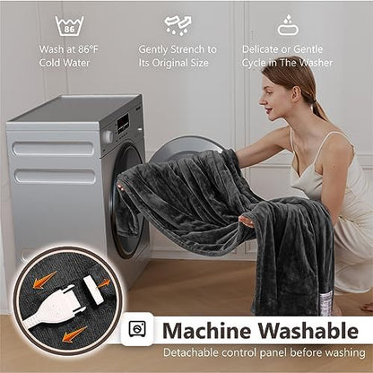 Wapaneus Heated Blanket Full 72" x 84" Electric Throw 10 Heating Levels 12 Hours Time Setings and Auto-Shut Off, Flannel Fast-Heating Electric Blanket, Grey