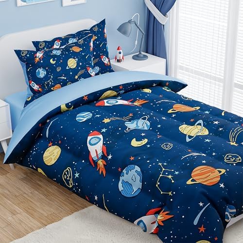 SANDJEST Outer Space Comforter Set Twin Size 68x86in for Kids Boys, Microfiber 3 Pcs Bedding Set Includes 1 Comforter, 1 Pillowcase, 1 Fitted Sheet, Nursery Room Decor