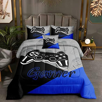 ROWADALO 5 Pieces Bed in A Bag Gamer Bedding Set for Boys Kids Gaming Comforters Set,Gamer Bed in a Bag Complete with Comforter Set Sheets Flat Sheet Pillowcase,DJT5002Twin Size