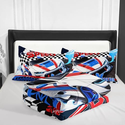 Nttopship Racing Car Comforter Set Queen Size,100% Soft Ultra-fine Fiber Four Season Speed Theme Bedding Set with 1 Comforter and 2 Pillow Case