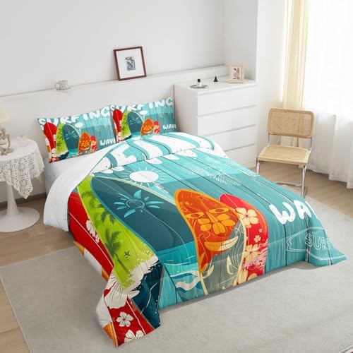 Surfboard Surf Comforter Set Queen,Blue Rustic Farmhouse Wooden Board Duvet Insert Sun Flowers Palm Tree Silhouette Bedding Set for Kids Teens Adults,Hawaiian Ocean Style Quilted Duvet,2 Pillowcases