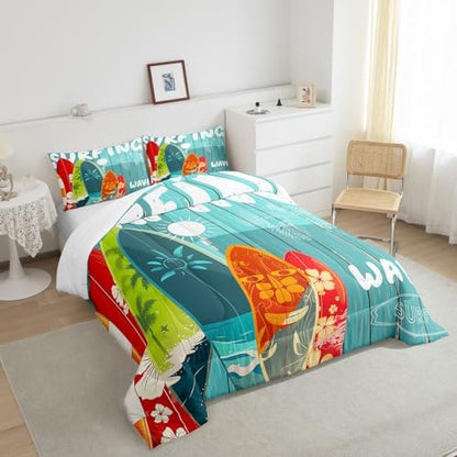 Surfboard Surf Comforter Set Queen,Blue Rustic Farmhouse Wooden Board Duvet Insert Sun Flowers Palm Tree Silhouette Bedding Set for Kids Teens Adults,Hawaiian Ocean Style Quilted Duvet,2 Pillowcases