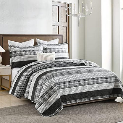 Homzard Quilts Queen Size - Black and White Queen Comforter Set, 100% Cotton Black Grey Striped Bedding Set, Lightweight Reversible Bedspread Set, 3 Piece All Season