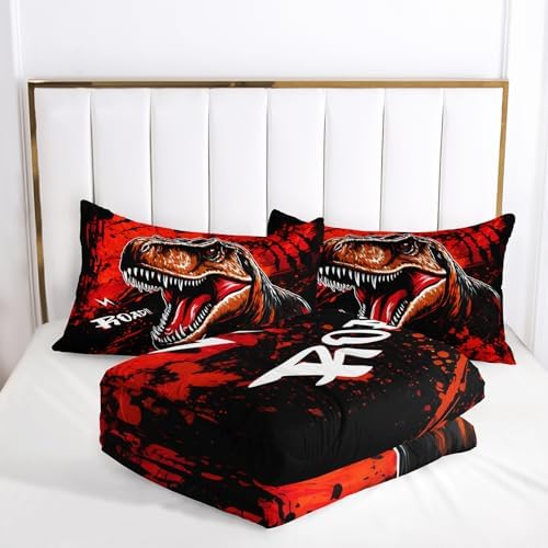 AILONEN Boys Dinosaur Comforter Set Queen Size,Kids Cartoon Dinosaur Bedding Set,Red and Black Printed Comforter with 2 Pillowcases,3 Pieces
