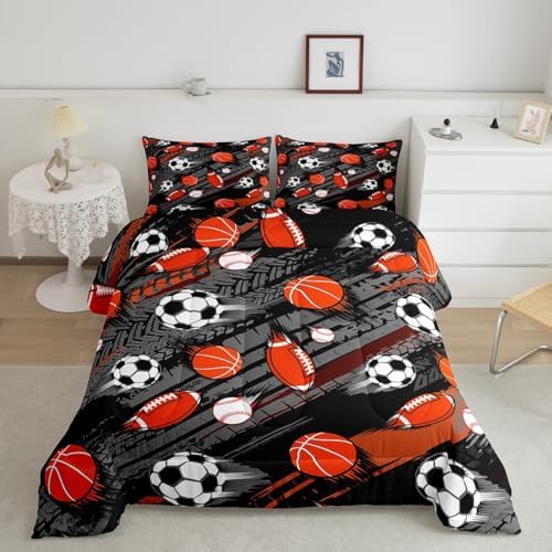 Homewish Sports Theme King Size Comforter Set,Kids Soccer Football Decor All Season Bedding Set,Teens Baseball Basketball Comforter,Sports Gaming Decor Quilt Set Bedroom Collection 3Pcs