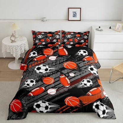 Homewish Sports Theme Full Size Comforter Set,Soccer Football Bedding Set for Adults Teens,Children Baseball Basketball Comforter Luxury Sports Gaming Quilt Set Room Decor 3Pcs
