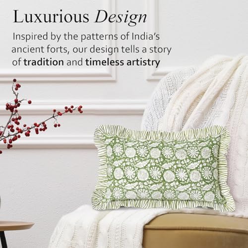 CPC Block Print Olive Bloom Ruffle Cotton Lumbar Pillow Cover 12x20 inch