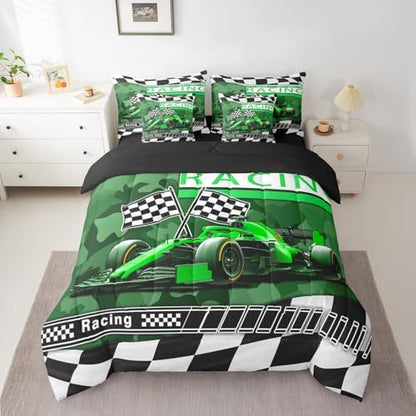 Boys Racing Game Comforter Set Bed in a Bag 7 Pieces King,3D Race Car Camouflage Print Bedding Set,Extreme Sports Gamer (Comforter+Fitted+Flat Sheet+2 Pillowcases+2 Throw Pillow Covers)