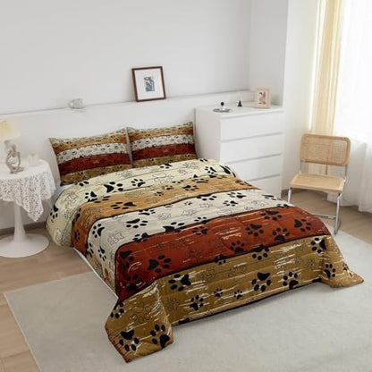 Manfei Paw Print Kids Comforter Set Queen Size, Animal Tracks Print Down Comforter, Vintage Wooden Plank Bedding Set for Boys Girls Bedroom Decor, Rustic Farmhouse Duvet Insert, 2 Pillowcases