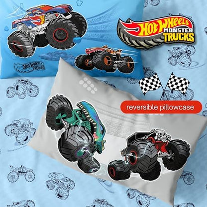Monster Trucks x Hot Wheels Bedding Set, Full Size 7 Piece Set Kids Super Soft Cozy Reversible Comforter and Sheet Set with Sham, (100% Officially Licensed Product) by Franco