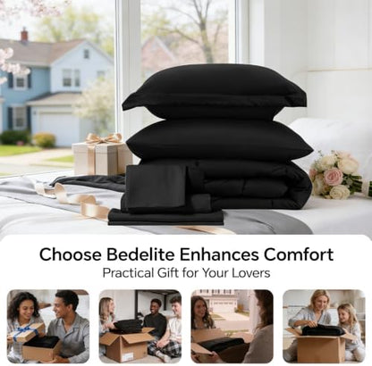 BEDELITE Queen Comforter Set 7 Pieces, Solid Black Bed in A Bag