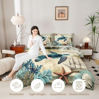 Erosebridal Turtle Bedding Teal Turtle Comforter Set Turquoise Ocean Themed Mediterranean Style Printed Design Ocean Turtle Down Comforter Quilted Duvet Set Full Size 1 Comforter 2 Pillowcases