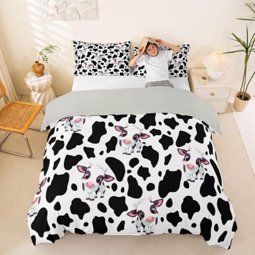 Kids Girls Cartoon Duvet Cover Set Queen Cow Print Cartoon Children Bedding Set Stripe Decor Modern Soft Reversible Comforter Cover Set For Teen Boys 3 Pcs Cartoon Animal Decor Children Bedding Set