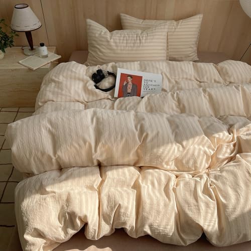 mixinni Striped Comforter Set Twin XL Size - Beige Comforter with Black White Stripes Pattern, 3 Pieces All Seasons Bedding Set, Soft Breathable Vintage Farmhouse Comforter with Pillowcases