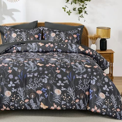 Yiran King Size Comforter Set 7 Piece,Gray Floral Bedding Set Fall Flowers