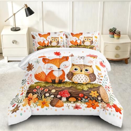 Cute Woodland Fox Owl Full Size Comforter Set with 2 Pillowcases.
