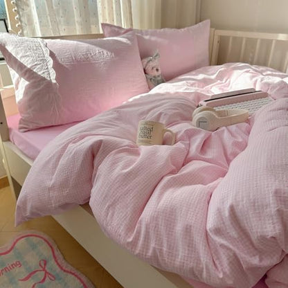 mixinni Pink White Gingham Duvet Cover Twin XL Size - 3 Piece Cottagecore Plaid Bedding Set with Lace Trim, Soft Washed Microfiber Vintage Aesthetic Grid Comforter Cover & Pillow Shams
