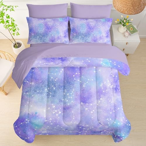 QOOMO Purple Galaxy 7 Pieces Comforter Set Twin,Purple Star Bedding Set