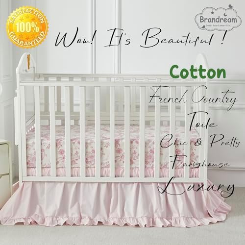 Brandream French Country Toile Crib Bedding Set for Girls Pink Grandmillennial Toile Vintage Floral Print 100% Cotton Baby Girl Nursery Bedding - Ruffles Quilt,Toile Crib Sheet,Crib Bed Skirt,3 Pieces