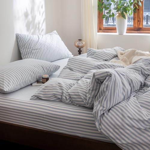 FOSSA Striped Duvet Cover Set 100% Washed Cotton Linen Feel Super King Plus