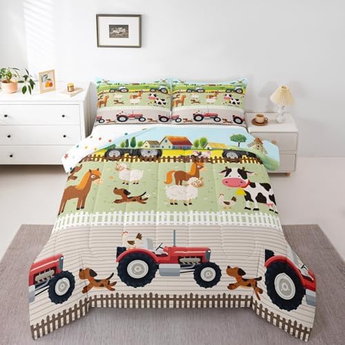 Tractor Bedding Sets for Boys Full Size Toddler Kids Cute Cartoon Farm Animals Comforter Set Girls Children Farmhouse Country Down Comforter for All Season Colorful Room Decor Nature Theme Duvet Set