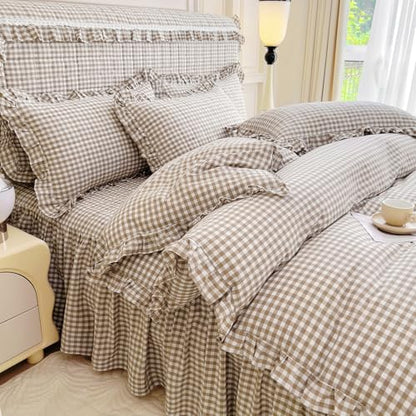 mixinni Tan Gingham Ruffle Duvet Cover King Size 3 Pieces – 100% Washed Cotton, Vintage Plaid Ruffled Bedding Set with Zipper Ties, Soft Cream Checkered Grid Farmhouse Chic Comforter Cover Set