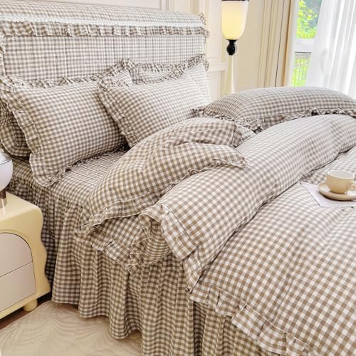 mixinni Tan Gingham Ruffle Duvet Cover Twin Size 3 Pieces – 100% Washed Cotton, Vintage Plaid Ruffled Bedding Set with Zipper Ties, Soft Cream Checkered Grid Farmhouse Chic Comforter Cover Set