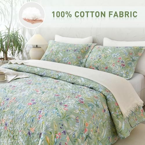 Lady Ann Oversized Cal King Bedspreads 120x120 for Extra Bed, Green Flower Bird Butterfly Print Botanical Bedding, Lightweight 100% Cotton Quilted Coverlet Set with Pillow Shams for All Season, 3 PCS