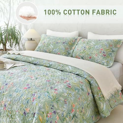 Lady Ann Oversized King Bedspreads 128x120 for Extra Bed, Green Flower Bird Butterfly Print Botanical Bedding, Lightweight 100% Cotton Quilted Coverlet Set with Pillow Shams for All Season, 3 PCS