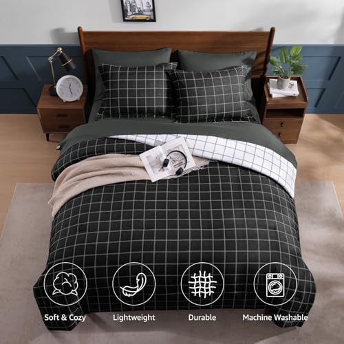 Plaid Twin XL Comforter Set Black 5 Pieces Bed in a Bag for College Dorm