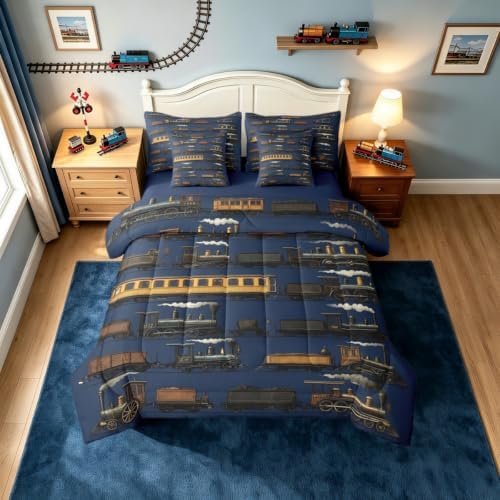 Erosebridal 7 Pcs Navy Steam Train Comforter Set for Boys Kids Travel Locomotive Train King Bedding Set with Sheets for Teens Men Vintage Transport Vehicle Bed in A Bag Steampunk Railway Bed Sets