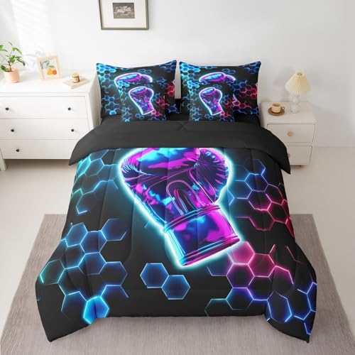 Erosebridal Boxing Gifts Comforter Sets with Sheets - 3D Glitter Gloves Bedding Set Queen for Boys Girls Colorful Neon Lights 7Pcs Bed in A Bag, Hexagon Honeycomb Bed Set
