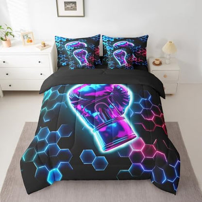 Erosebridal Boxing Gifts Comforter Sets with Sheets - 3D Glitter Gloves Bedding Set Queen for Boys Girls Colorful Neon Lights 7Pcs Bed in A Bag, Hexagon Honeycomb Bed Set