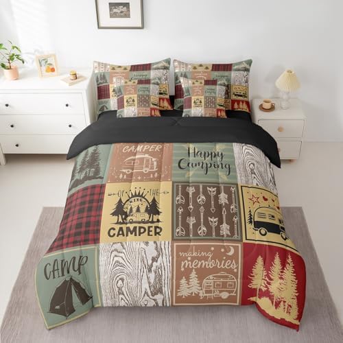Erosebridal Retro Camper Bed in A Bag 7 Piece Happy Camping Twin Comforter Set for Kids Adults,Rv Camping Decor Bedding Set for Travel Trailers Campers,Vintage Rustic Buffalo Plaid Bed Set