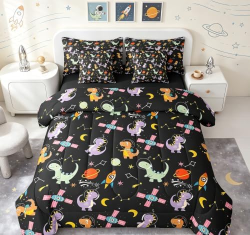 Feelyou Kids Cute Dinosaur 7 Piece Bedding Set King Size Solar System Comforter Set with Sheets for Boys Girls Outer Space Bed in a Bag Moon Star Print Bed Set